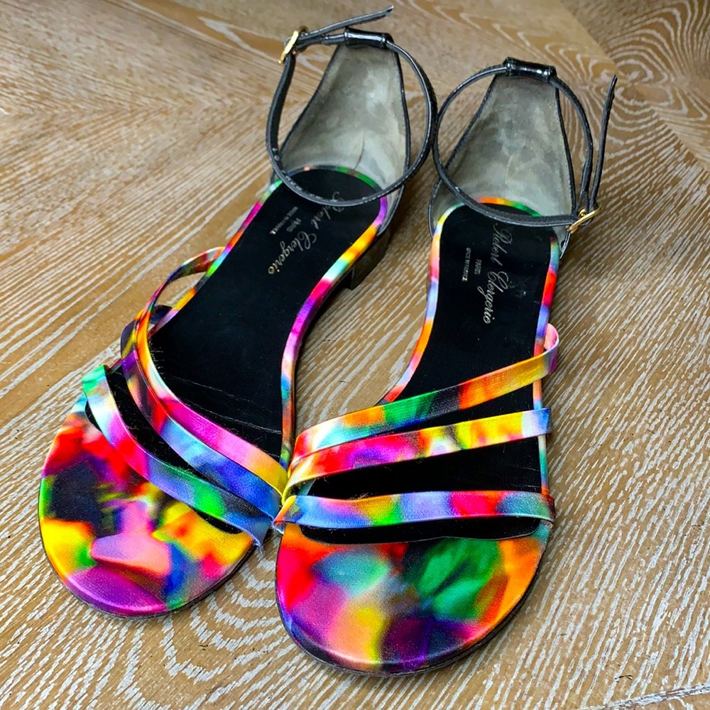 ROBERT CLERGERIE Black Strappy Flat Multi Watercolor Sandals 8.5